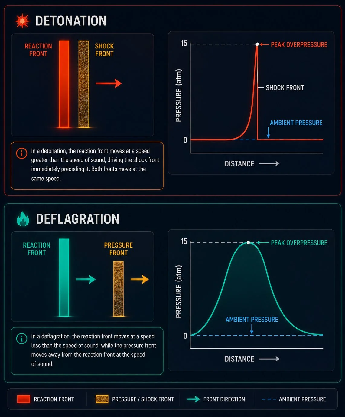 Compara&ccedil;&atilde;o entre deflagra&ccedil;&atilde;o e deton&ccedil;&atilde;o, mostrando a curva de press&atilde;o abrupta da deton&ccedil;&atilde;o e a curva suave da deflagra&ccedil;&atilde;o no desmonte de rocha