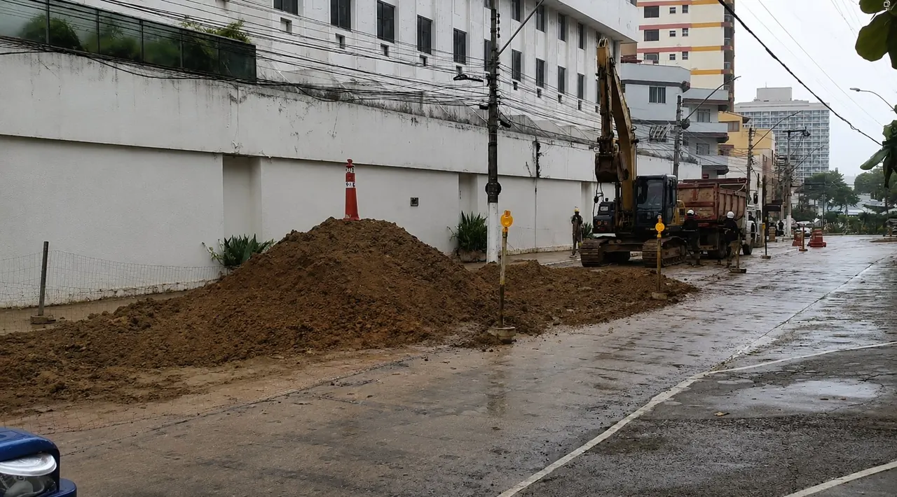 Vala em rocha concluída para a implantação da tubulação da ETE